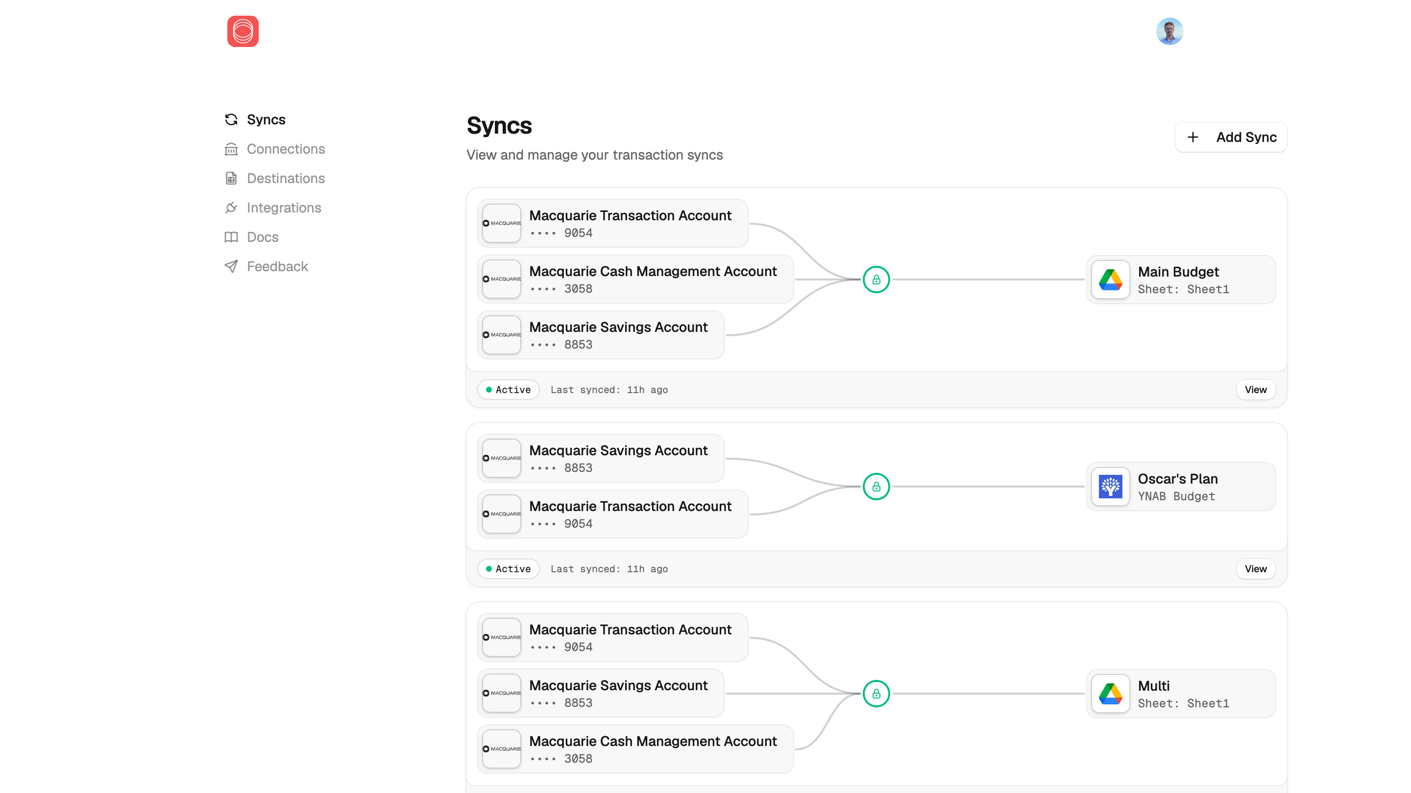 Redbark dashboard showing Australian bank accounts syncing to YNAB and Google Sheets