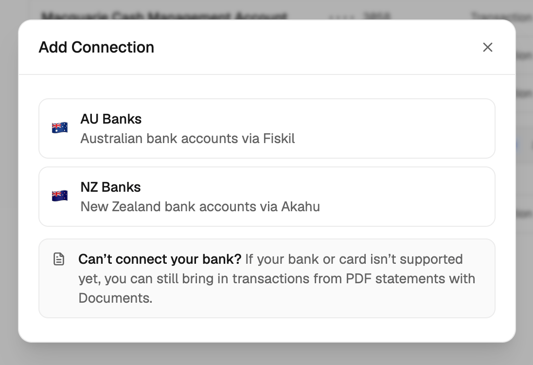 Add Connection dialog showing AU Banks, NZ Banks, and Documents