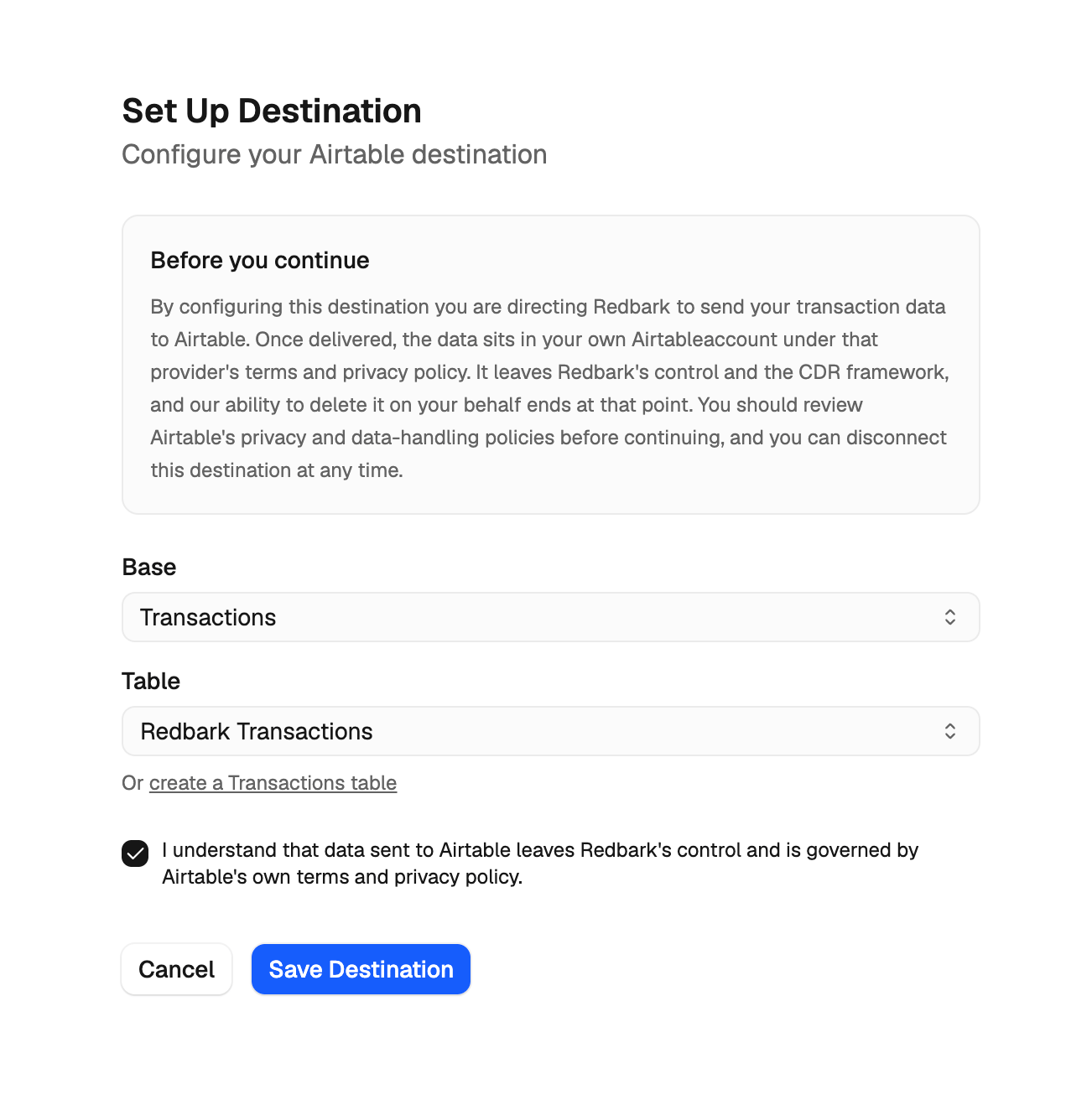 Setting up the Airtable destination: base, table, and CDR disclosure