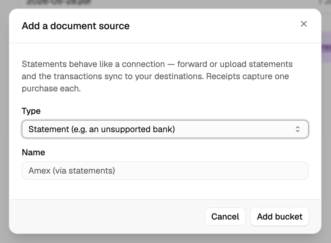Adding a document source: choosing the Statement type and naming the bucket