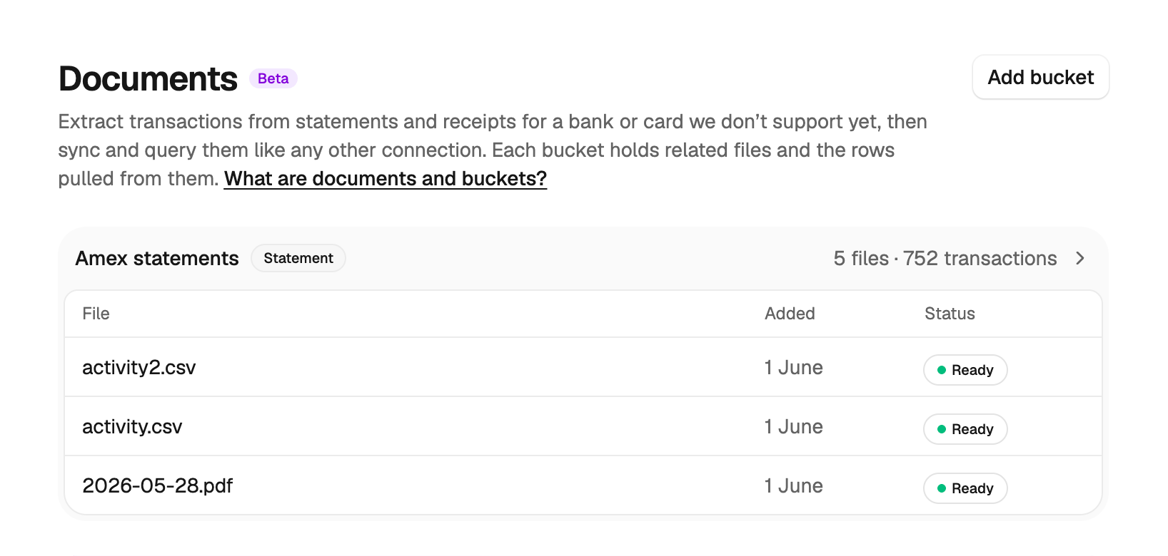 The Documents area showing a statement bucket with extracted files