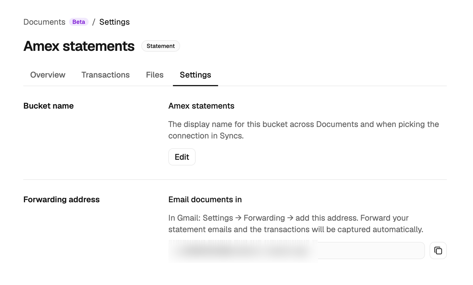 The bucket's Settings tab showing its unique forwarding address