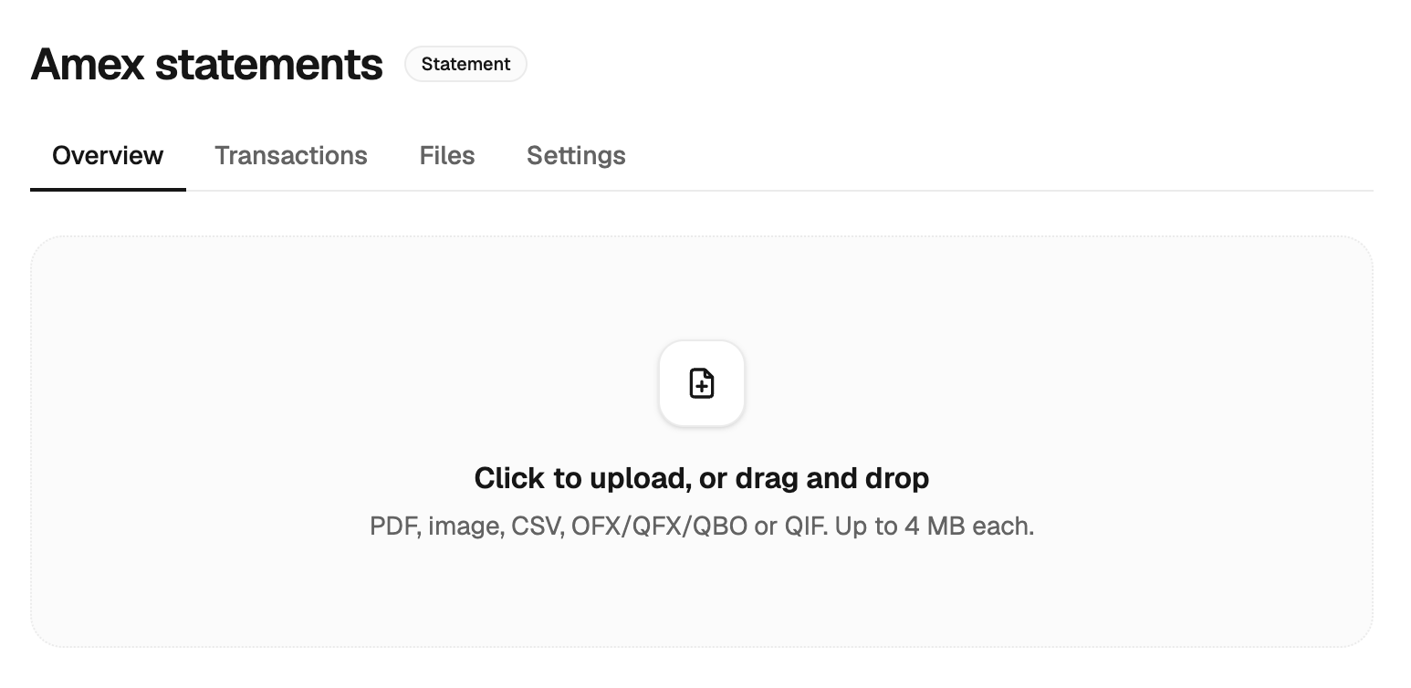 The upload area, accepting PDF, image, CSV, OFX/QFX/QBO, and QIF files