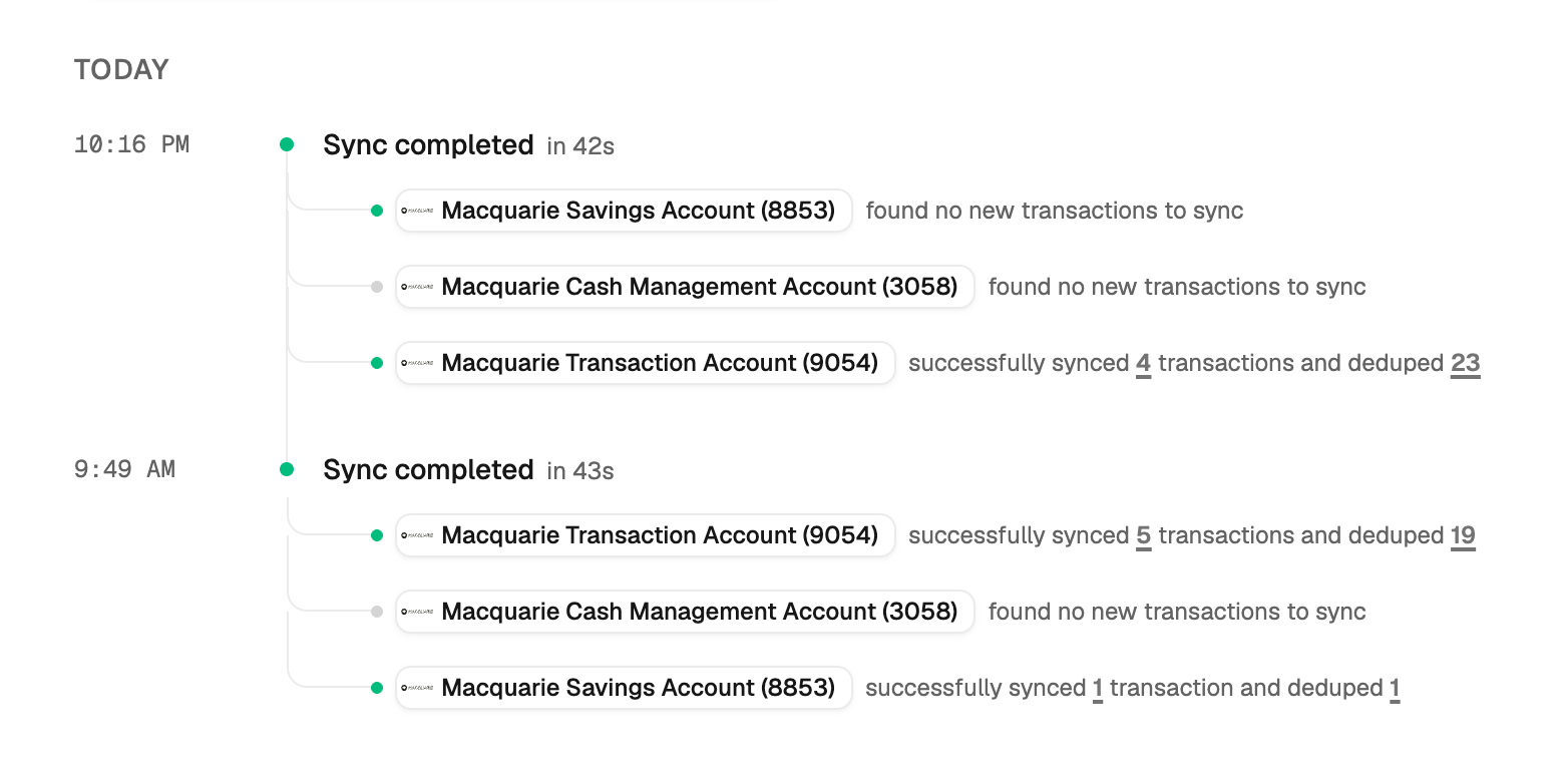Sync activity feed showing per-account synced and deduped counts