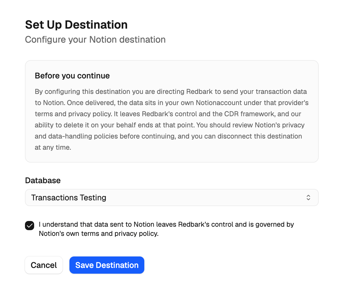 Setting up the Notion destination: database picker and CDR disclosure