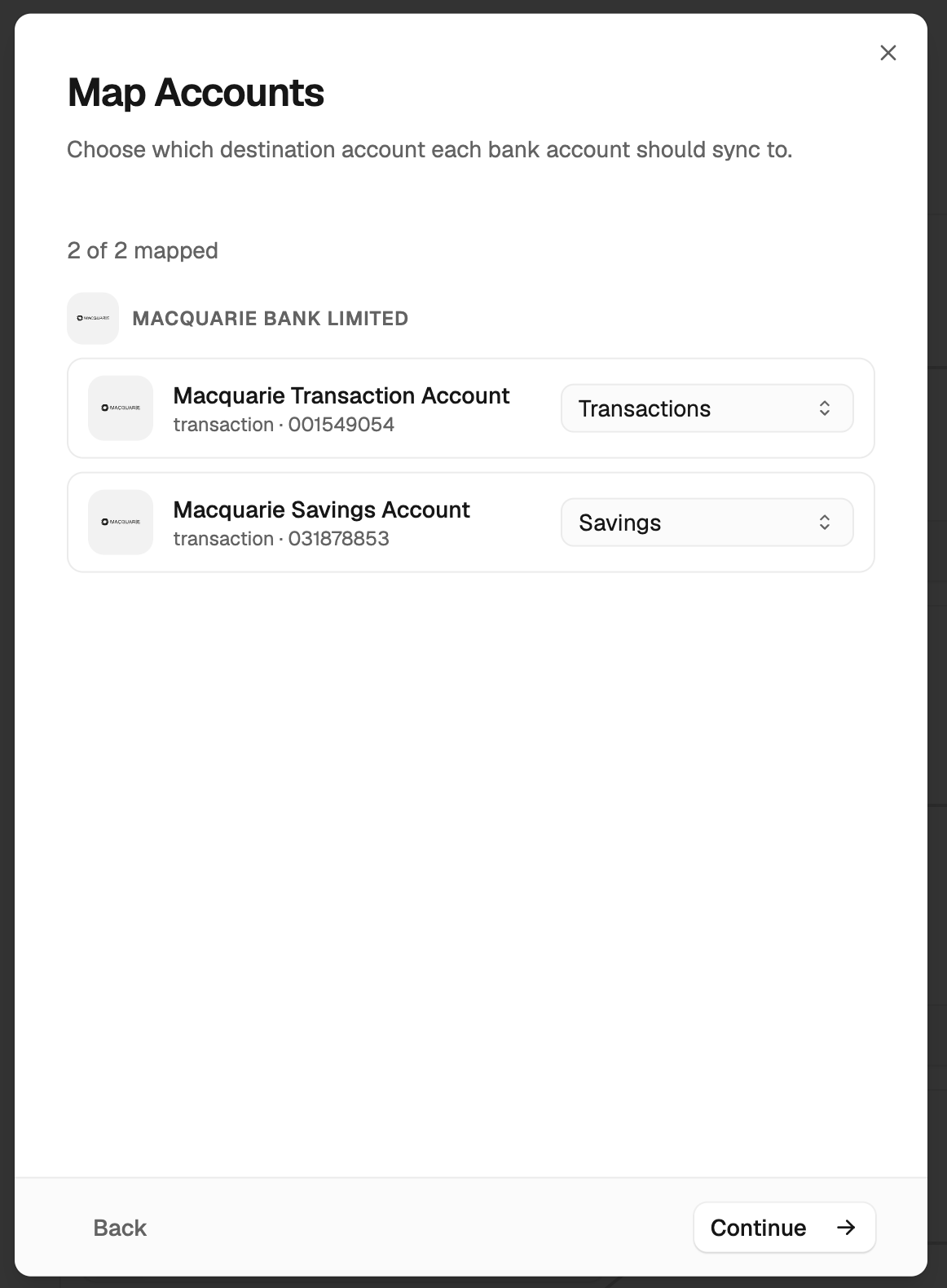 Map bank accounts to You Need a Budget accounts