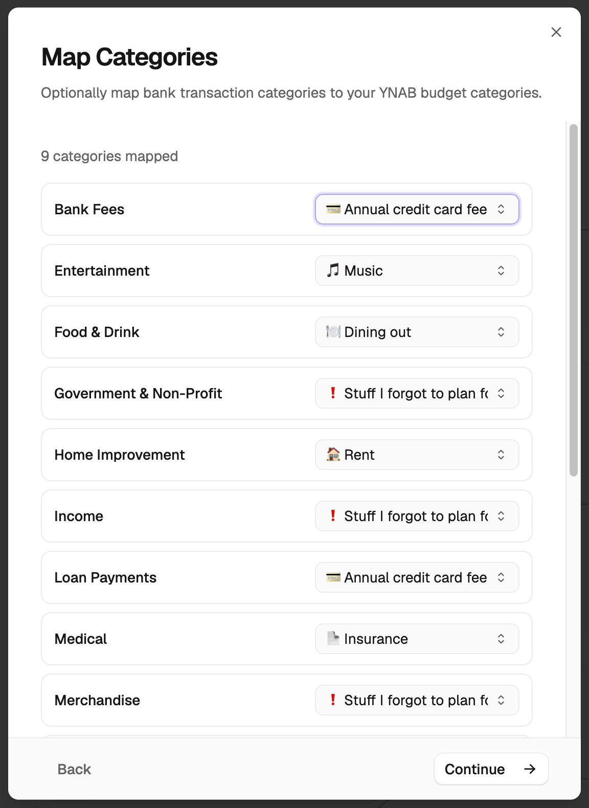 Map bank categories to You Need a Budget categories
