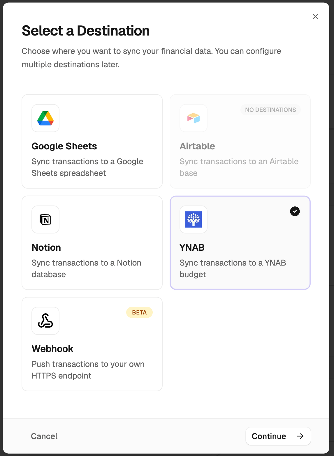 Select You Need a Budget as destination type