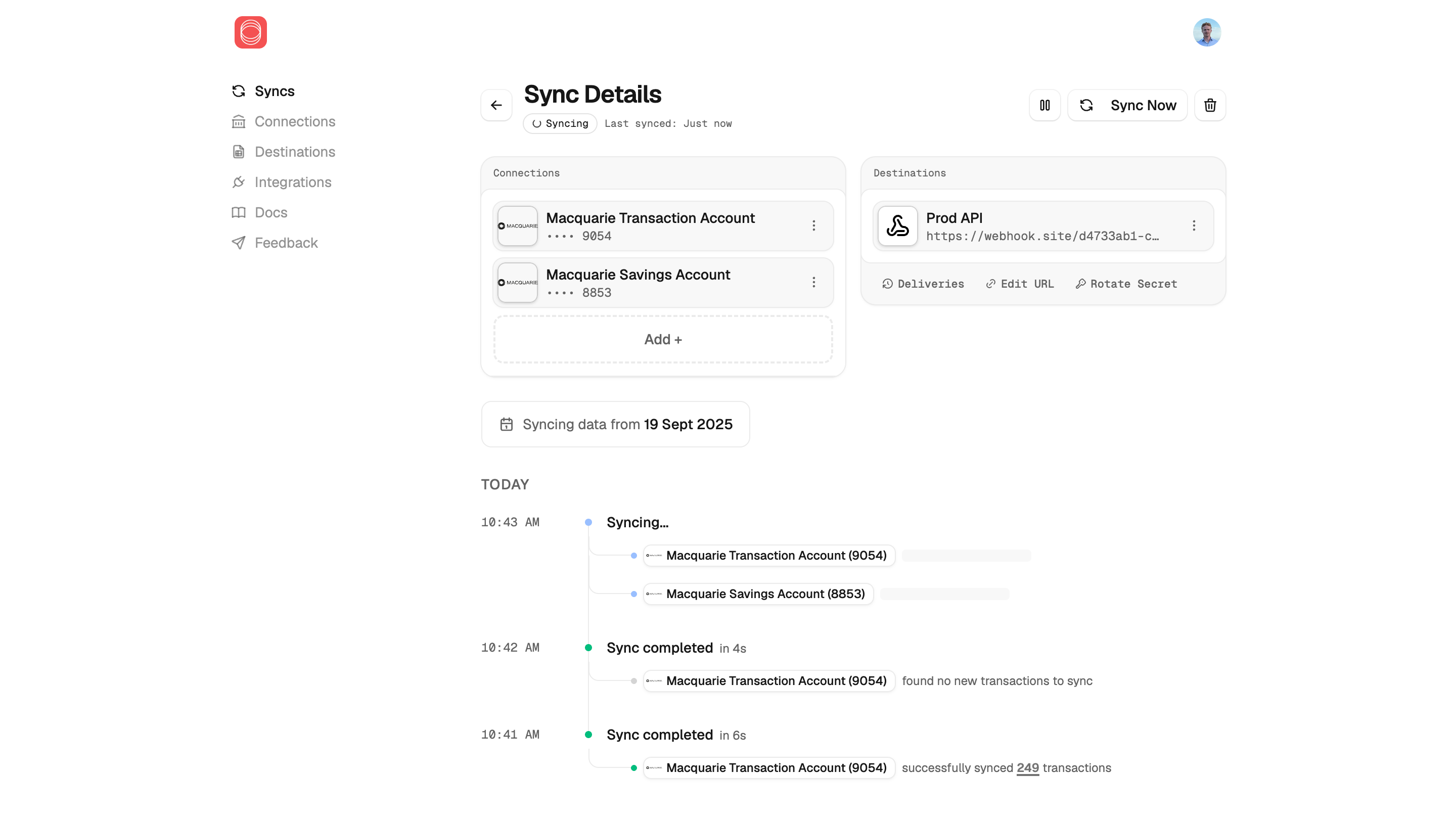 Redbark sync details showing webhook delivery logs